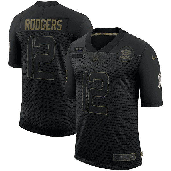 Men's Green Bay Packers #12 Aaron Rodgers 2020 Black Salute To Service Limited Stitched NFL Jersey